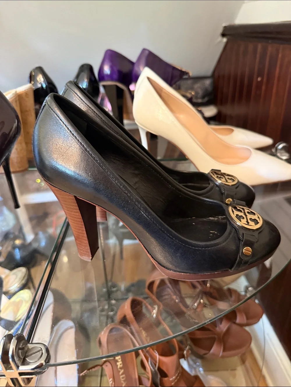 Tory Burch Black Leather Logo Medallion Heels